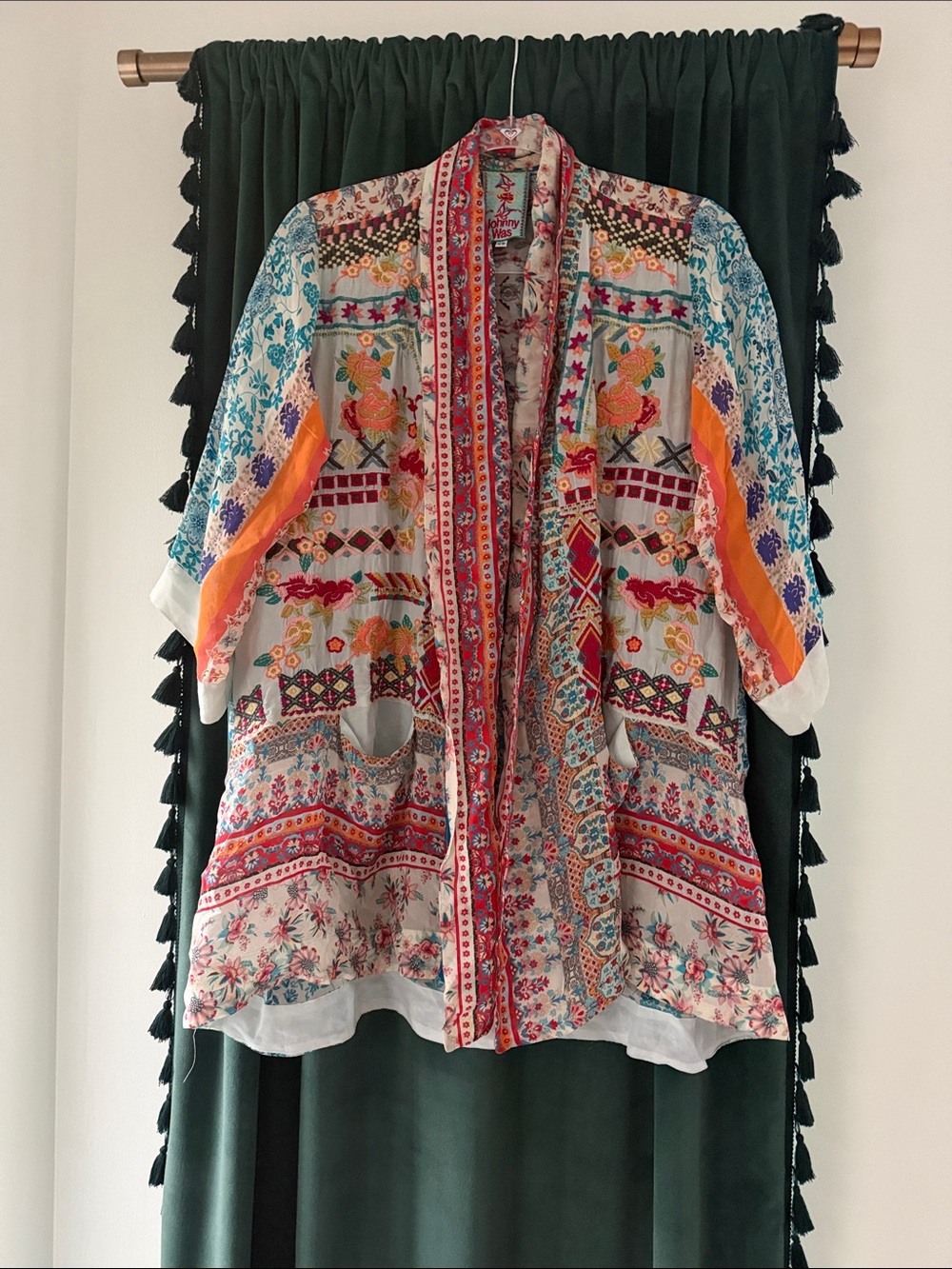 Johnny Was White Multicolor Embroidered Boho Open Kimono